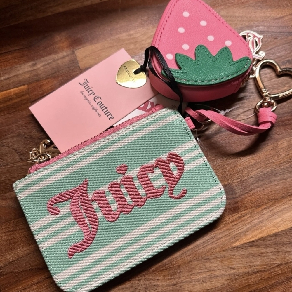 Juicy Couture Mint Green & Pink Stripe Wristlet with Strawberry Charm - Picture 1 of 11